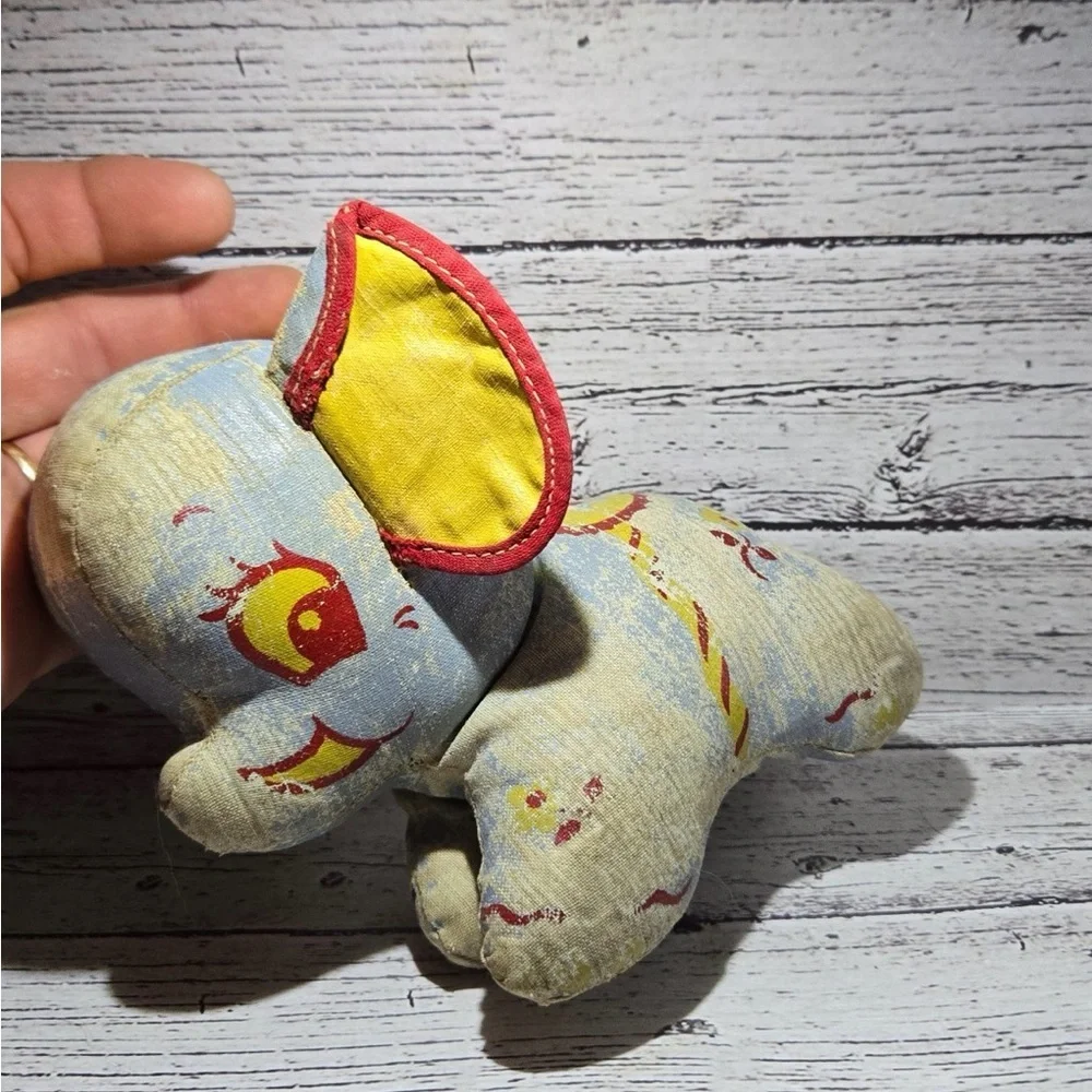 Vintage 1940’s Leather Oil Cloth Circus Elephant Collectible Stuffed Animal blue